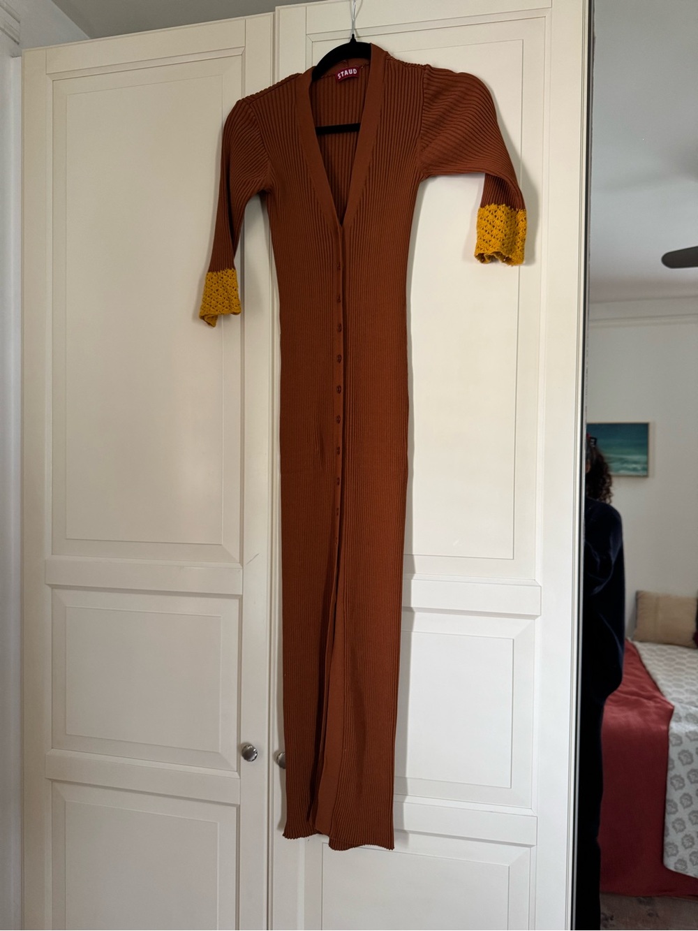 STAUD Long Ribbed Button-Front Maxi Cardigan Dress in Rust with Mustard Cuffs